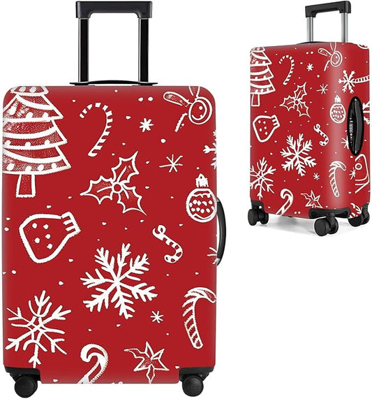 Red Christmas Luggage Cover – Snowflake & Candy Cane Suitcase Protector, Holiday Travel Luggage Sleeve, Stretchable & Waterproof,XL