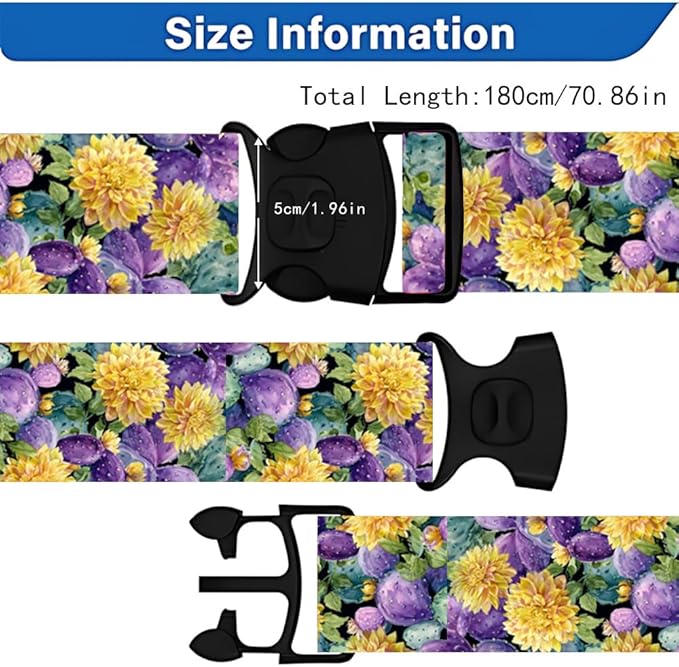 2PC,Cactus Flower Luggage Strap 1.97 x 70.84 inch Purple Green Yellow Botanical Design Adjustable Suitcase Belt Durable Nylon Baggage Identifier for Nature Travel Lovers