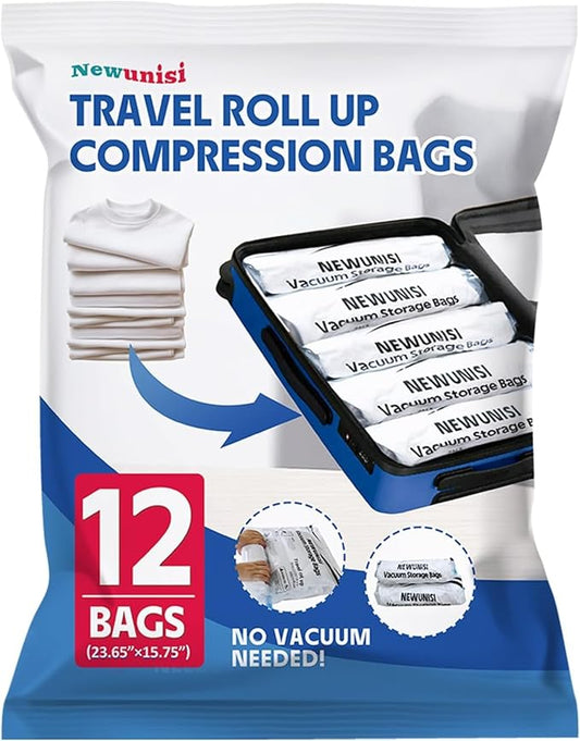 12 Pack Compression Bags for Travel, Roll Up Reusable Travel Space Saver Vacuum Storage Bags for Luggage, Camping, and Storage (No Vacuum or Pump Needed).