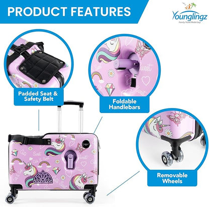 Younglingz LIL FLYER GO Version 2 Ride On Suitcase for Kids | Carry On Luggage with Toddler Seat, Foldable Handlebars, Pedals, and Removable Wheels | Holds up to 80 lbs | Glam | Ages 2-6