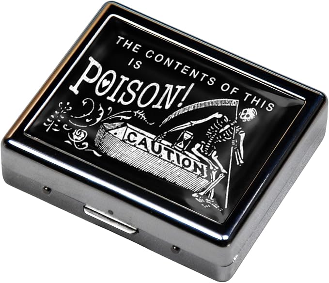 7 Days Chromed Shiny Silver Pill Organizer with Mirror Inside Has 8 Separate Compartments Rectangle Cute Travel Pill Organizer for Purse 7 Days (Black Scythe)