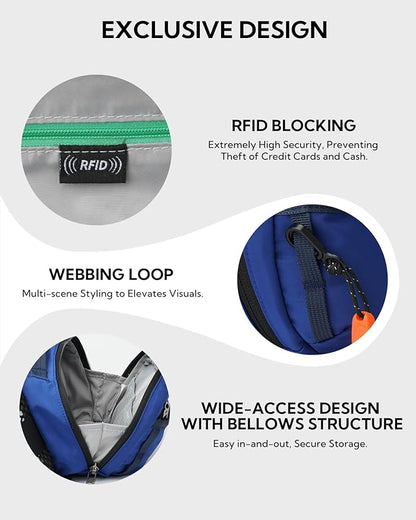 WATERFLY Fanny Pack Waist Bag: 2.3L Large RFID Blocking Crossbody Bags for Women Men, Breathable Casual Anti-Theft Hip Pouch for Traveling Walking Hiking-Navy Blue