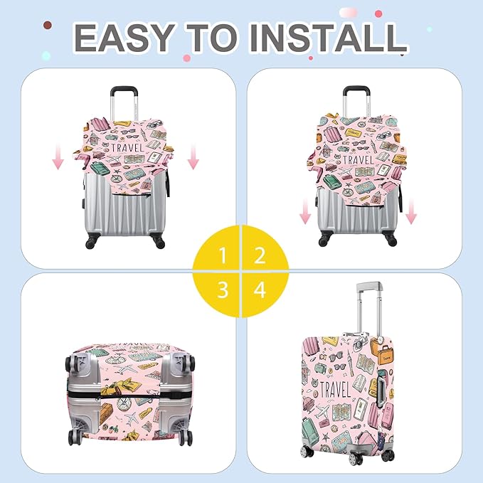 ANNA QUEEN Travel Luggage Cover, Travel Suitcase Protector with Vintage Travel Icons, Stretchable, Washable Travel Sleeve for 20-34 Inch Luggage