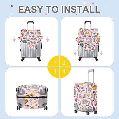 ANNA QUEEN Travel Luggage Cover, Travel Suitcase Protector with Vintage Travel Icons, Stretchable, Washable Travel Sleeve for 20-34 Inch Luggage