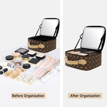 Travel Makeup Bag With 360° rotating LED Mirror,Waterproof cosmetic organizer,Portability Cosmetic case,Makeup organizer,Gift for Women,Girls Gift (Brown)