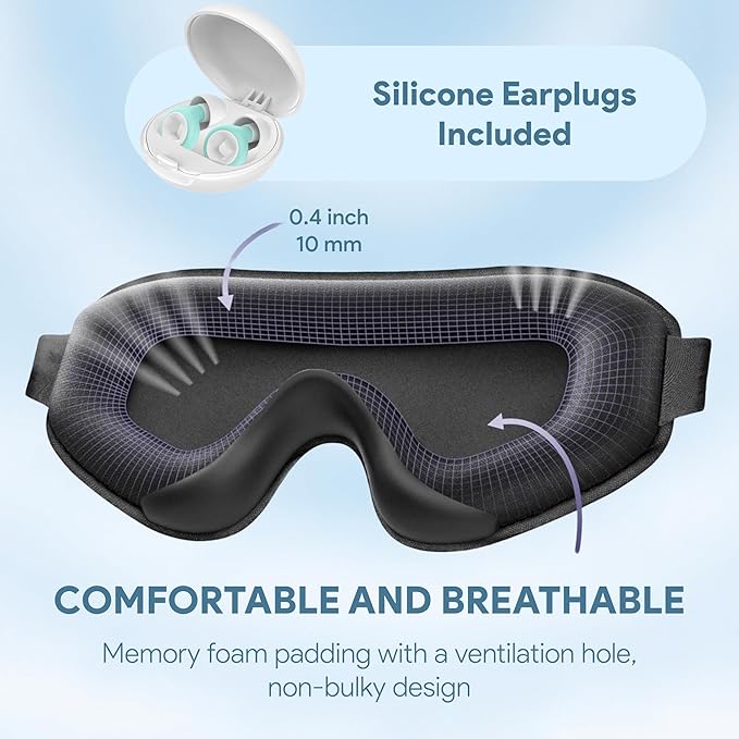 3D Sleep Mask and Earplugs Set for Travel & Deep Sleep | 100% Light Blocking Eye Mask, Memory Foam Comfort, & Reusable Noise Canceling Ear Plugs