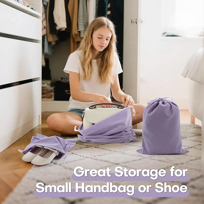 6 Pack Shoe Dust Bags, Velvet Drawstring Luxury Storage Bags for Shoes, Purses, Handbags & Cosmetics - Thick Dustproof Reusable Travel Organizer & Gift Pouch (Purple, 12 × 16 inches)