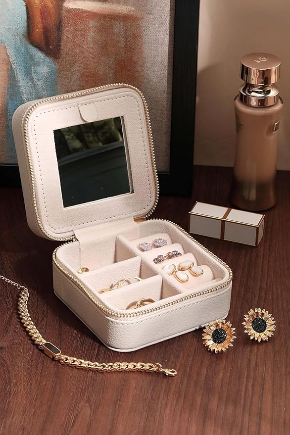 S.Leaf Travel Jewelry Organizer Boxes for Women Small Portable Necklace Earrings Bracelet Rings Travel Case Best Friend Birthday Gifts for Women Trendy (Butterfly_Beige_Blue)