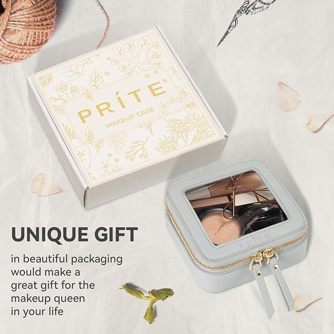 Prite Small Makeup Bag for Women Portable Clear Makeup Bag Cute Mini Waterproof Travel Cosmetic Bag with Gold Zipper for Car Essentials(Grey)