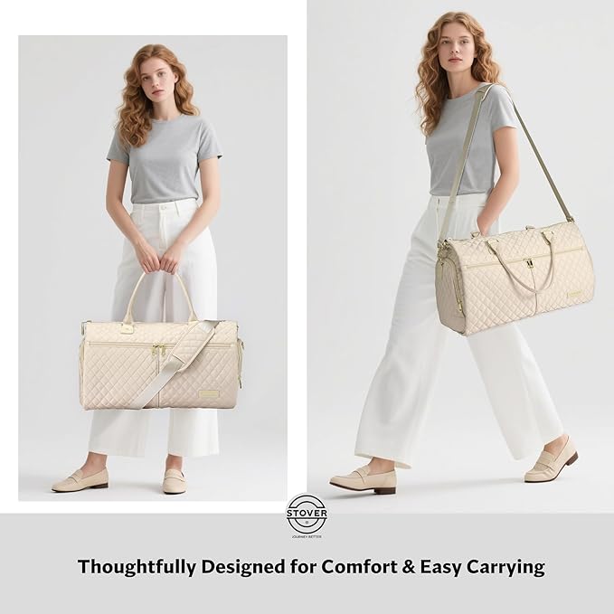 STOVER Women’s Convertible Garment Duffel Bag for Travel – 2-in-1 Carry-On Weekender/Overnight Tote - Wrinkle-Free Dresses, Hanging Suits & Clothes + Shoe Compartment & Bonus Toiletry Bag (Cream)