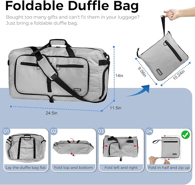 Fmeida 65L Duffle Bag with Shoes Compartment, Foldable Travel Duffel Bags for Men Women, Large Packable Travel Bag Water Repellent & Tear Resistant (Light Gray)