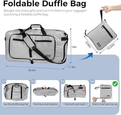 Fmeida 65L Duffle Bag with Shoes Compartment, Foldable Travel Duffel Bags for Men Women, Large Packable Travel Bag Water Repellent & Tear Resistant (Light Gray)