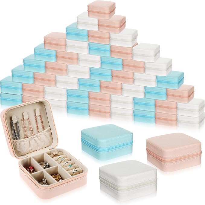 Batiyeer 50 Pcs Small Jewelry Travel Case Bulk Mini Jewelry Box Wedding Bridesmaid Proposal Return Gift for Pooja(White Pink Blue)