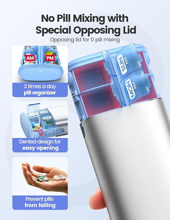 Vaydeer Metal 7 Day Pill Organizer 2 Times a Day – AM PM Weekly Travel Pill Case with Moisture-Proof Desiccant, Airtight Large Capacity Pill Box for Vitamins, Medications & Supplements (Silver)