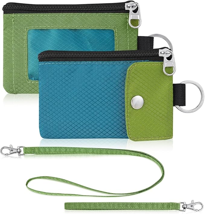 Minimalist Wallet For Mens Womens, Keychain RFID Blocking Zipper Small Wallet with ID Window 2 Lanyards,Water Resistant Travel Cash Card Coin Case Boys Girls