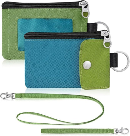 Minimalist Wallet For Mens Womens, Keychain RFID Blocking Zipper Small Wallet with ID Window 2 Lanyards,Water Resistant Travel Cash Card Coin Case Boys Girls