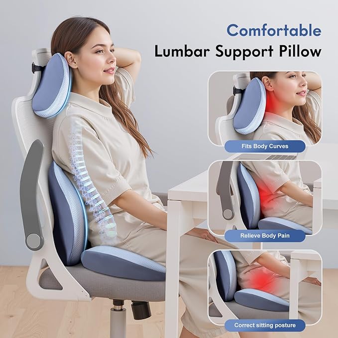 FLORICH Seat Cushion and Lumbar Support Pillow for Office Chair Car, Car Neck Pillow, Ergonomic Memory Foam Back Support for Office Gaming Chair Wheelchair, Relieves Neck, Back & Sciatica Pain – Blue