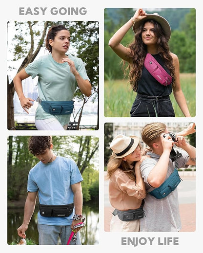 WATERFLY Small Crossbody Fanny Pack: 5 Pocket Slim Lightweight Waist Belt Hip Bag for Women Men Water Resistant Chest Pouch for Travel Hiking Running Walking Fit All Phones - Gray