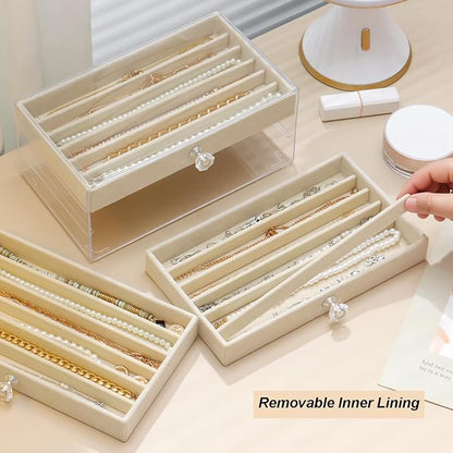 SPAKOWN Necklace Organizer Box, Velvet Necklace Box Holder Tray with Clear Lid Chains Showcase Stackable Necklace Storage for Pendant Bracelet (3 Drawers - Beige)