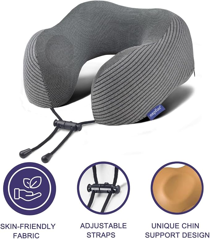 napfun Neck Pillow for Traveling, Upgraded Travel Neck Pillow for Airplane 100% Pure Memory Foam Travel Pillow for Flight Headrest Sleep, Portable Plane Accessories, Luxury Sets (Optional), Dark Grey