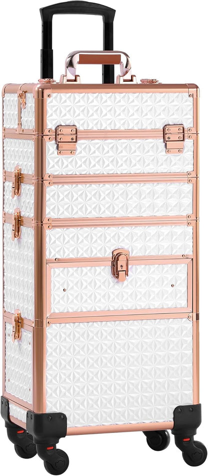 Makeup Train Case with Drawer, Rolling Makeup Case, Cosmetology Case on Wheels, Gift, Large Makeup Case Organizers, Professional for Salon Barber, Nail, Tattoo, White Gold