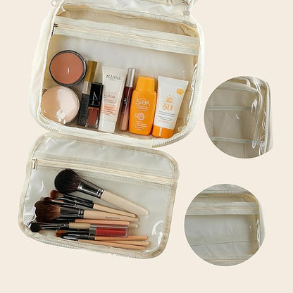 Travel Toiletry Bag for Women,Portable Hanging Travel Bag Cosmetic Jewelry Organizer,Makeup Bag for Toiletries,Full Sized Shampoo,Conditioner,Beige
