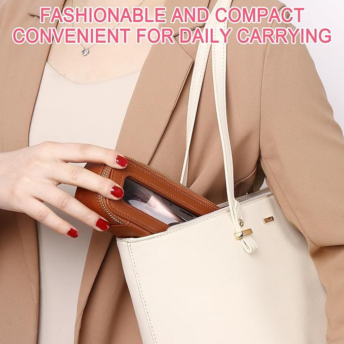 Pinkmik Travel Clear Makeup Bag with Brush Case TSA Approved Toiletry Bag Waterproof Cosmetic Organizer with Zipper Car Essential for Women (X/Brown, M+SLIM)