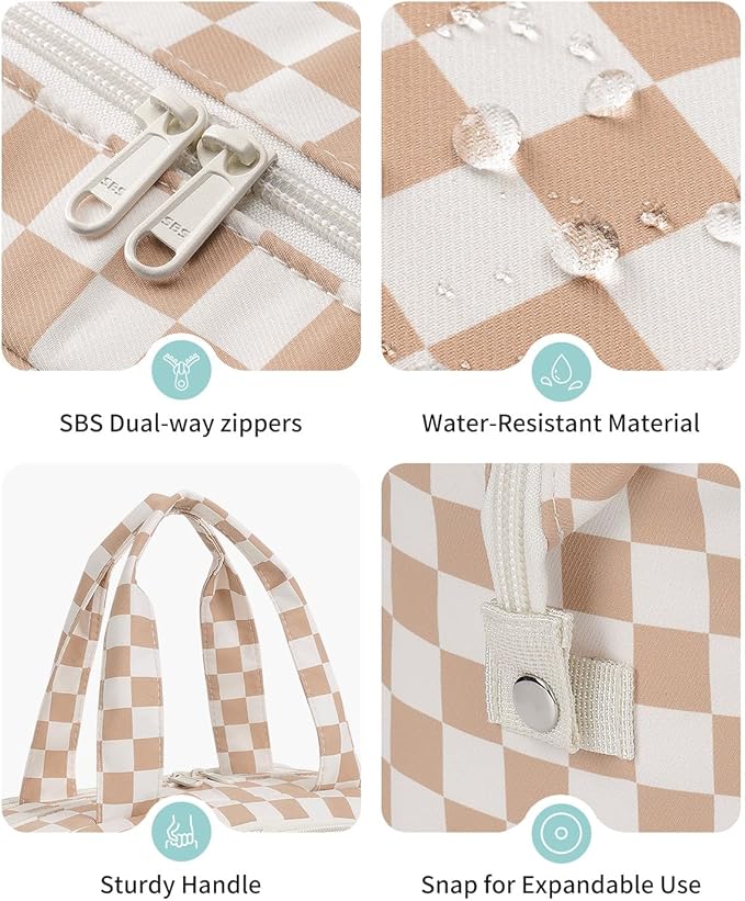 Narwey Travel Toiletry Bag, Wide-open Large Toiletry Bags for Traveling Women, Checkered Travel Bag for Toiletries Cosmetic Makeup Bag Organizer, Skincare Make Up Bag (Light Checkerboard)