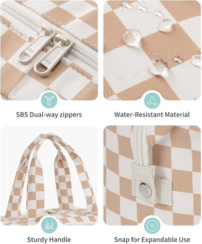 Narwey Travel Toiletry Bag, Wide-open Large Toiletry Bags for Traveling Women, Checkered Travel Bag for Toiletries Cosmetic Makeup Bag Organizer, Skincare Make Up Bag (Light Checkerboard)