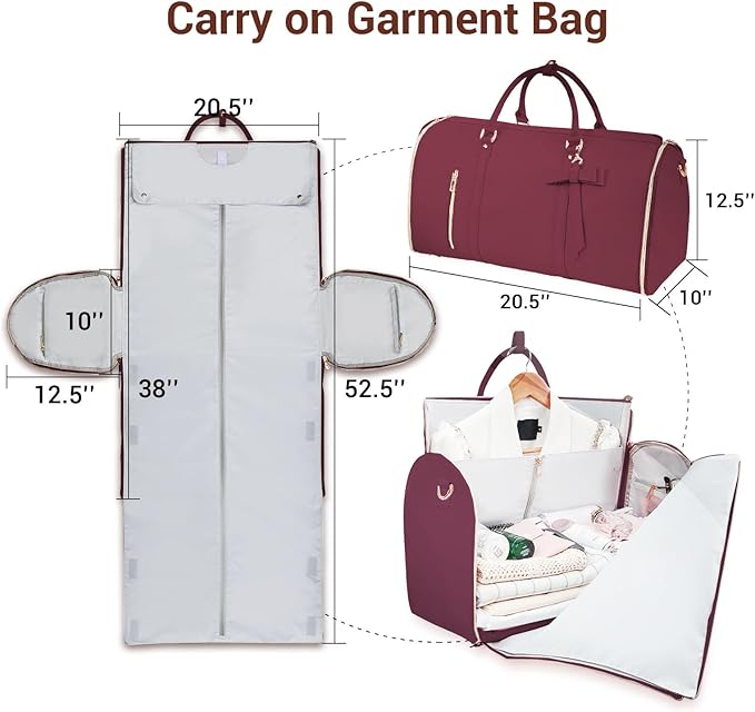 Garment Bags for Travel, Convertible Suit Travel Bag for Women, Stylish Carry On Garment Bag with Toiletry Pocket, Shoulder Strap and Shoes Compartment, 2 in 1 Foldable PU Leather Duffle Bag, Sangria