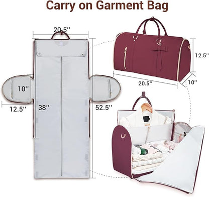 Garment Bags for Travel, Convertible Suit Travel Bag for Women, Stylish Carry On Garment Bag with Toiletry Pocket, Shoulder Strap and Shoes Compartment, 2 in 1 Foldable PU Leather Duffle Bag, Sangria