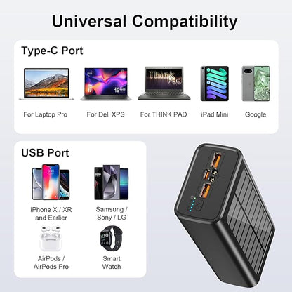Solar Power Bank, 50000mAh 65W USB C Laptop Portable Charger, Tablet Powerbank, LED Flashlight, Power Bank Fast Charging Battery Pack Compatible with Samsung, iPad, MacBook