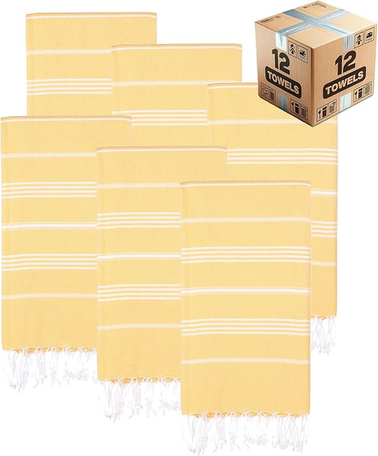 Turkish Beach Towels, Bulk Case of 12 | Oversized, Quick Dry, Sand Free | 100% Cotton, Large 38x71 Towels for Beach, Pool, Travel | Ultra-Soft, Compact, Absorbent | Yellow