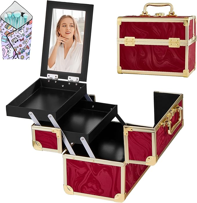 Makeup Train Case, Portable Makeup Case with Mirror, 2-Trays Cosmetic Organizer Case,Nail Polish Organizer, Travel Makeup Box, Profesional for Salon Barber, Pattern Red