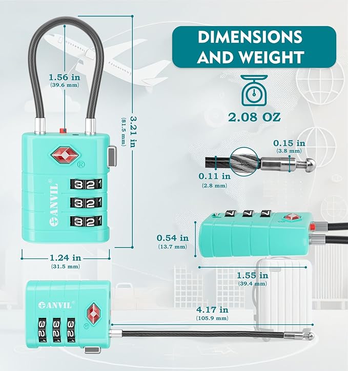ANVIL TSA Approved Luggage Locks – High Security TSA008 Combination Travel Locks with Inspection Indicator for Suitcases and Backpacks. (2, Cyan)
