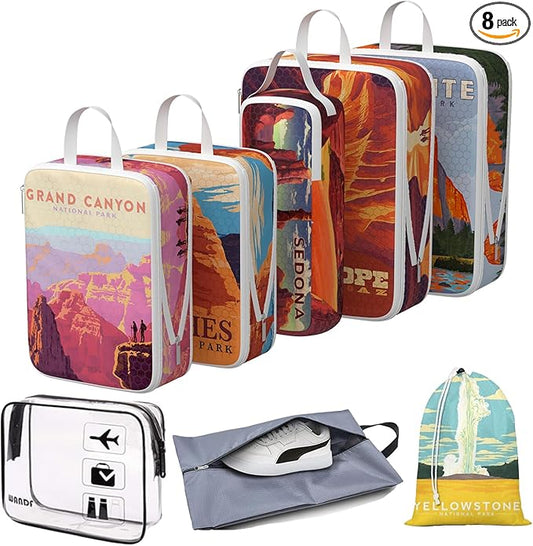 Compression Packing Cubes for Travel, 8 Set National Park Luggage Organizers, Waterproof Expandable/Compression Bags Travel Packing Cubes with Clear Toiletry Bag and Shoe Bag