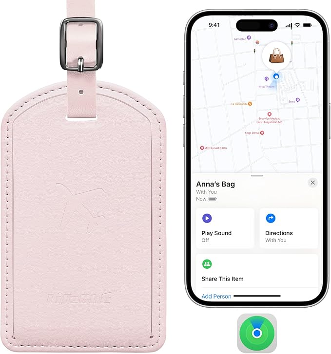 Luggage Tags Built-in Anti-Loss Tracker, Luxury Leather Luggage Tags for Suitcase, Travel Bags, Backpacks, Travel Organizer for Lost Baggage Prevention (Pink)