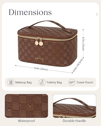 Prite Makeup Bag Portable Cosmetic Organizer with Brush Holder Waterproof Travel Toiletry Bag for Women with Handle and Divider (Checkered Brown)
