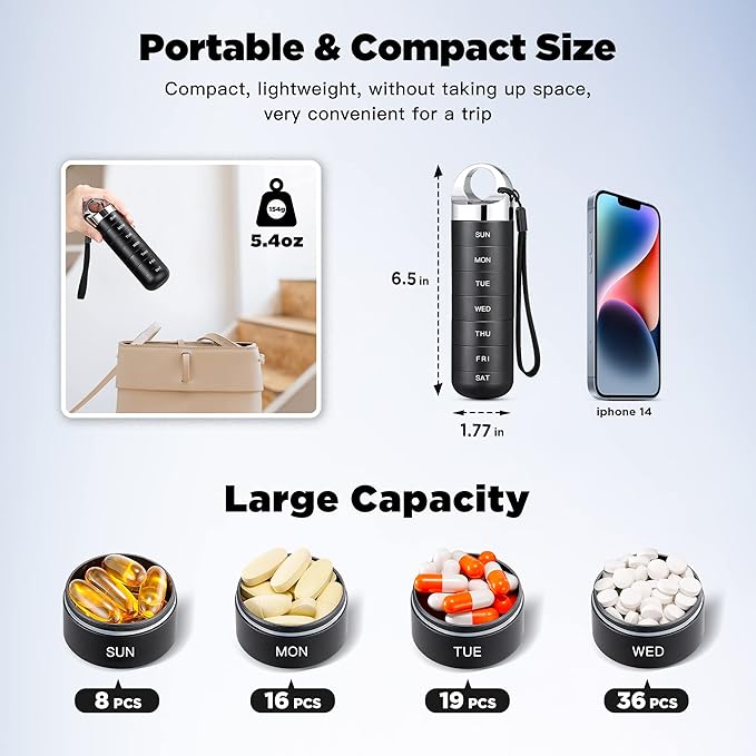 Zannaki Metal Travel Pill Organizer, Portable Waterproof Weekly Pill Box, Large Aluminum Alloy Pill Case Container, BPA Free 7 Day Daily Medicine Organizer Holder for Vitamin, Fish Oil, Supplement
