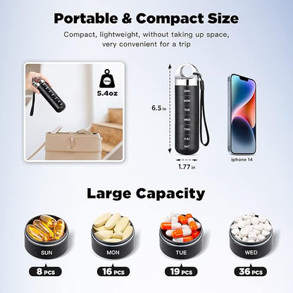Zannaki Metal Travel Pill Organizer, Portable Waterproof Weekly Pill Box, Large Aluminum Alloy Pill Case Container, BPA Free 7 Day Daily Medicine Organizer Holder for Vitamin, Fish Oil, Supplement