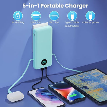 Portable Charger 33800mAh USB C Power Bank with Built-in Cables & AC Wall Plug,25W Fast Charging+QC 4.0 Phone Charger,4 Output Travel Essentials Battery Pack for iPhone16/15/14/13,Samsung,Android etc