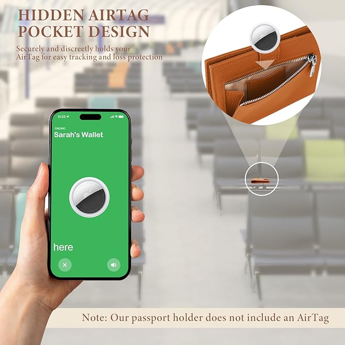 Genuine Leather Passport Holder for Women Men, Hidden Airtag Pocket, RFID Blocking, Zippered Coins Pocket & Cash Compartment Travel Gifts Essentials Passport Cover Case - Yellowish-brown