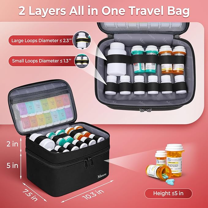 Mancro Dual Layers Medicine Organizer Bag, Pill Bottle Organizer Storage with Lockable Zipper, Medication Travel Bag for Pills, Vitamins, Medical Supplies for Home Storage, Black