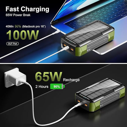 Solar Charger Power Bank 73200mAh, Portable Laptop Charger with 100W USB-C in/Output, Built-in Cables, Hand Crank Power Bank for Mobile Phones, Ideal for Outdoor Use with SOS/Strobe/Strong (green)