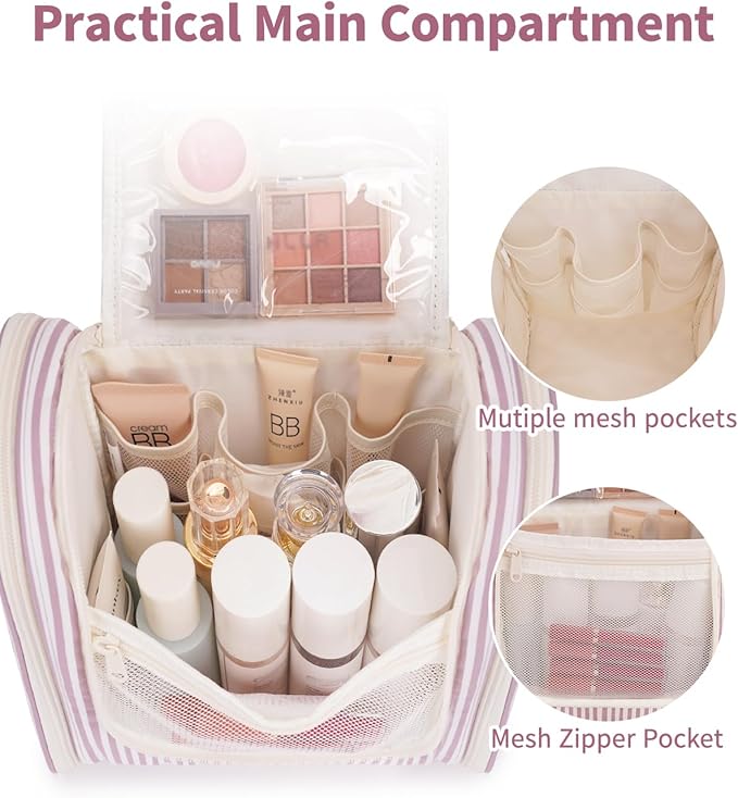 Narwey Striped Hanging Travel Toiletry Bag for Women, Travel Bag for Toiletries, Makeup Bag Organizer Cosmetic Bags Make Up Bags for Women (Dusty Rose Stripe)