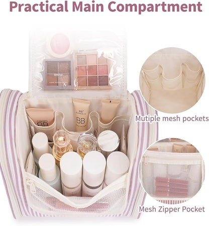 Narwey Striped Hanging Travel Toiletry Bag for Women, Travel Bag for Toiletries, Makeup Bag Organizer Cosmetic Bags Make Up Bags for Women (Dusty Rose Stripe)