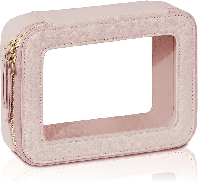Prite Clear Makeup Bag Cosmetic Organizer Case Waterproof Travel Toiletry Bag Skincare Pouch with Golden Zipper(Pearlescent Pink)