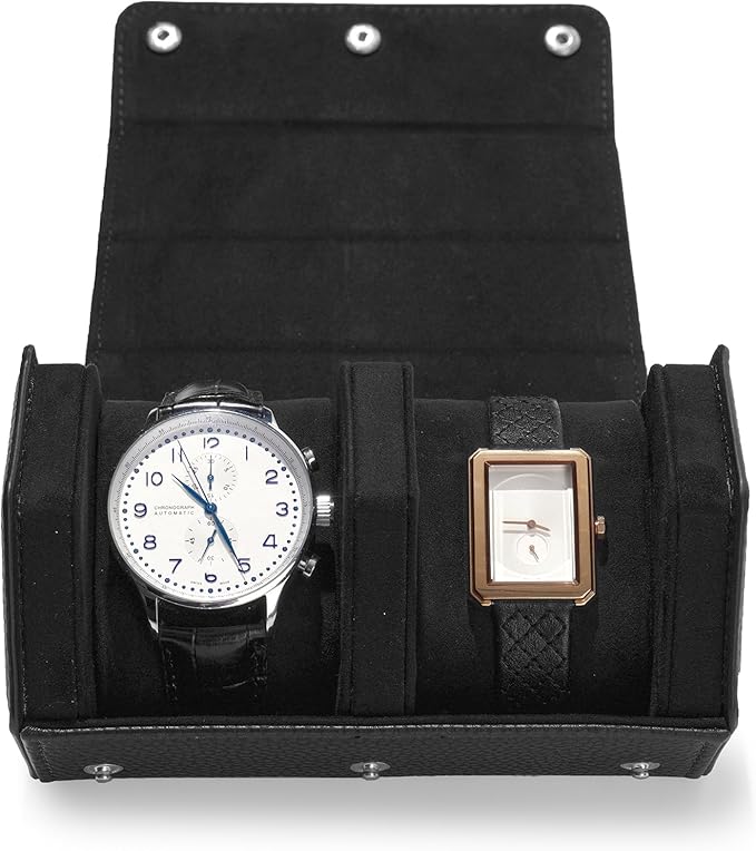 Oirlv Luxury Hexagonal Leather Watch Travel Case Watch Organizer Case for Men Portable Jewelry Storage Roll Organizer(2-Slot,Black)