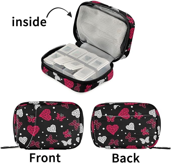 Fustylead Hearts and Butterflies Pill Organizer Case with Zipper 2 Times A Day for Vitamin and Supplement, 7 Day Travel Organizer Medicine Case