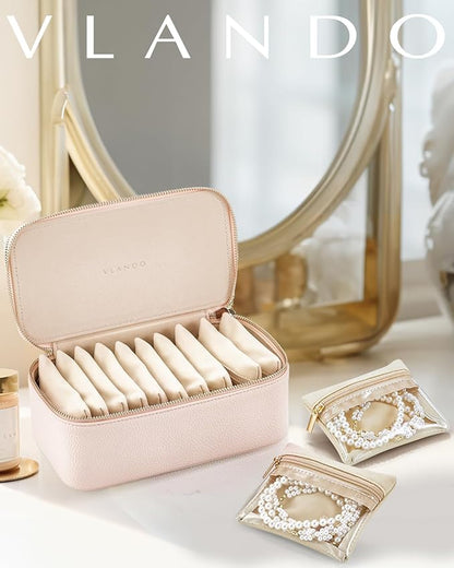 Vlando Jewelry Box with 12 Velvet Jewelry Bags Travel Jewelry Case for Girls Jewelry Organizer for Travelers Birthday Christmas Gift Ideas for Women (Pink)